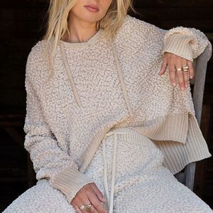 POL | Tan Hooded Popcorn Knit Sweater Boho Cozy Pullover Fall Layers | XL